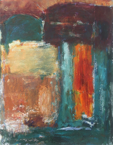 O.T. (Collage-Übermalung mit rot-orangem Balken, 2002, Öl auf Papier, 37,8 x 28,7 cm
